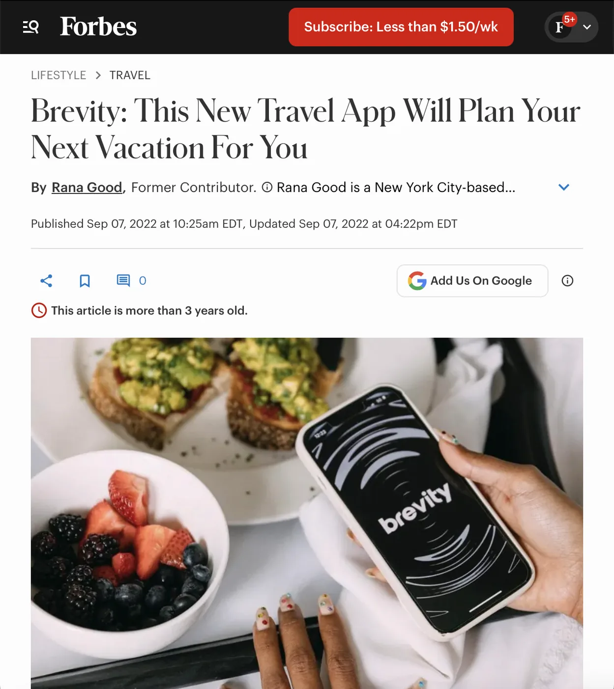 Forbes feature on Brevity, the travel app, with the brand mark on a phone above a breakfast table