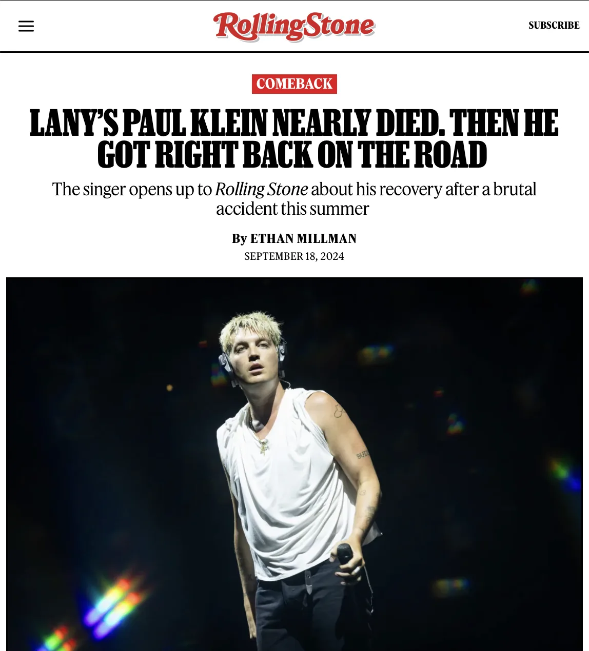 Rolling Stone feature on LANY’s Paul Klein and his return to the road, opening on a live performance photograph