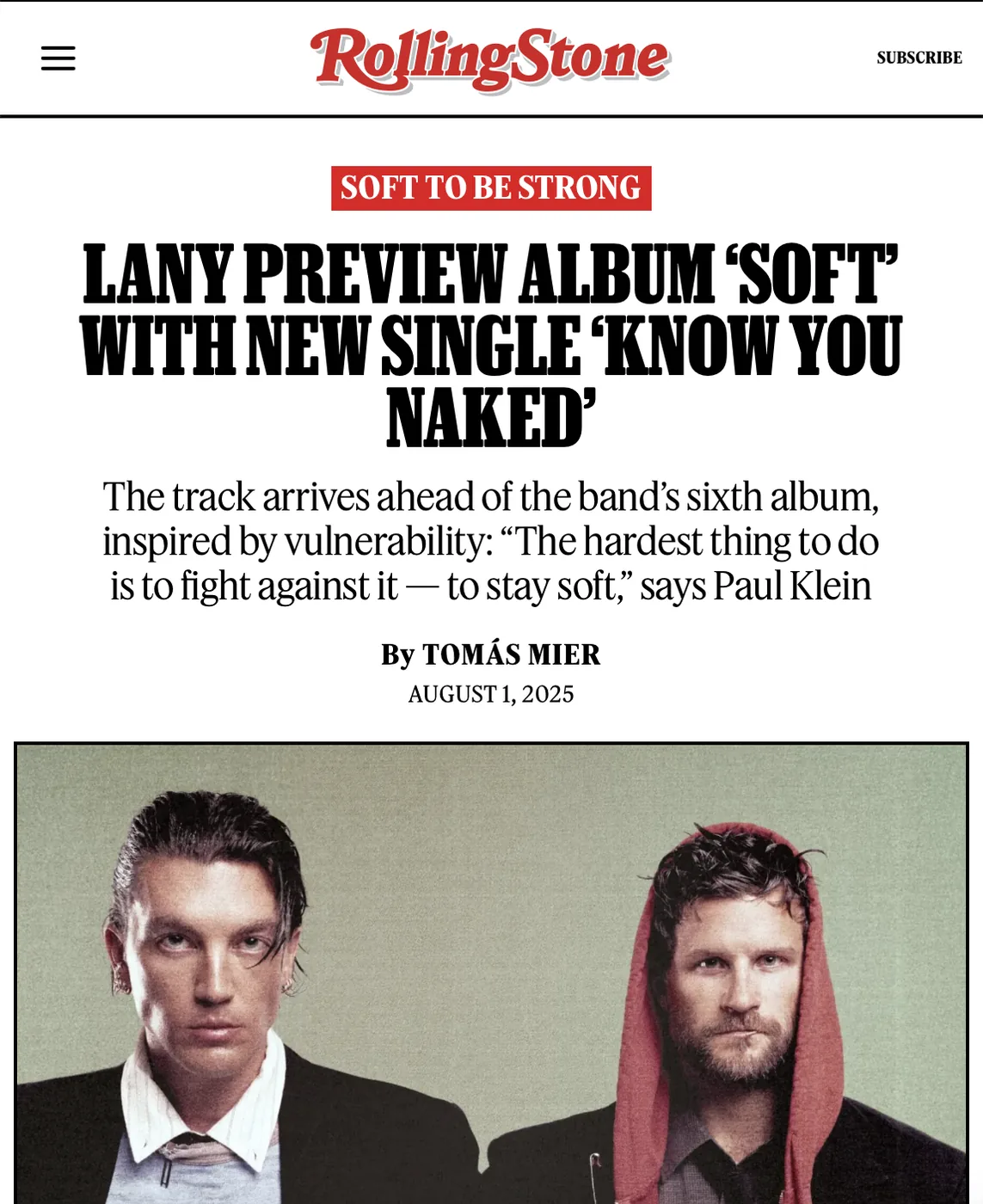 Rolling Stone feature on LANY’s album “Soft” and the single “Know You Naked”, with a studio portrait of the duo